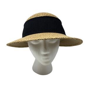 Fiesta Straw Sun Hat Tan Black Wide Brim Rosette Dress Sun Derby O/S USA